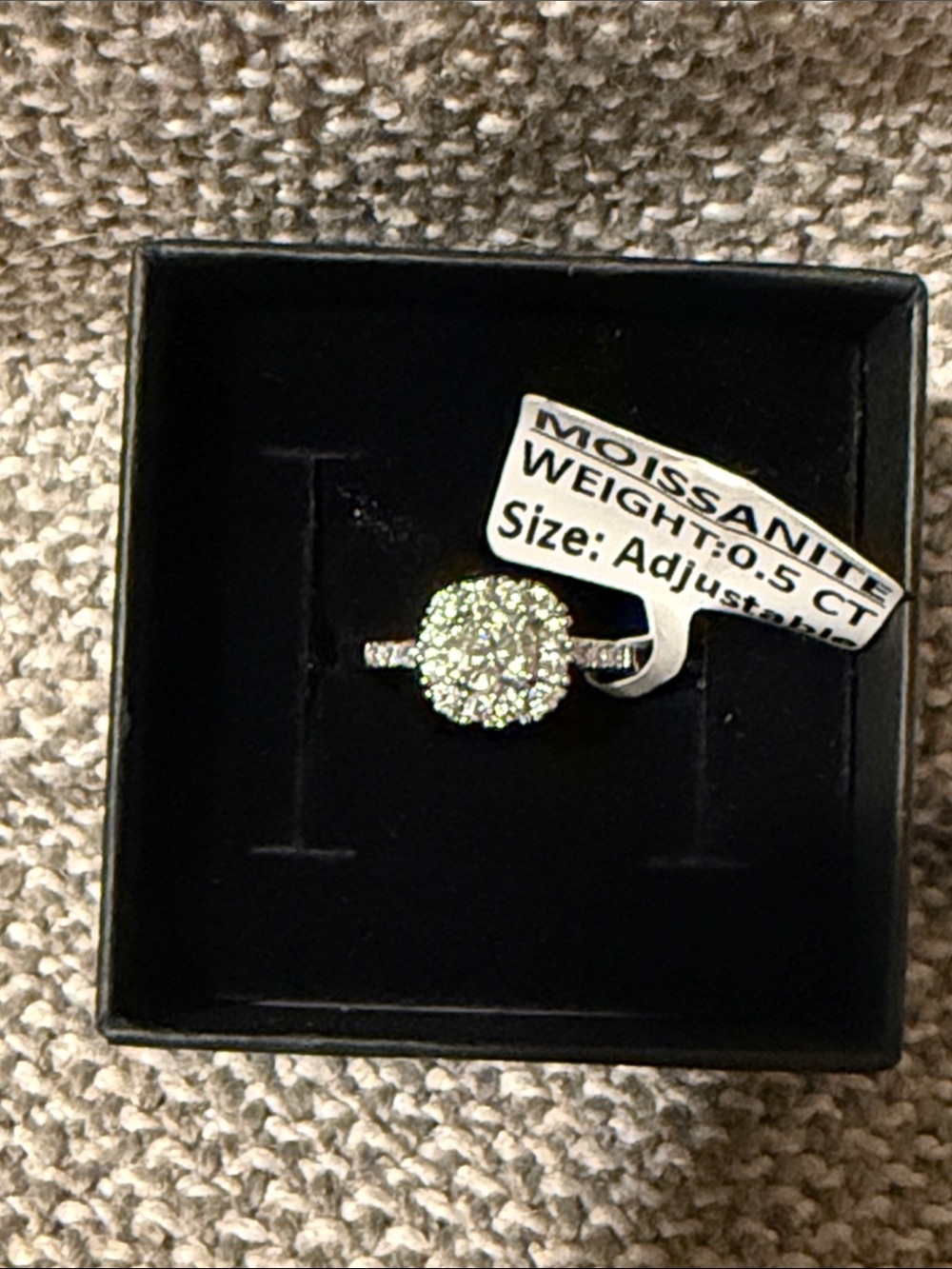 Moissanite Halo Ring in White/Silver color - Adjustable